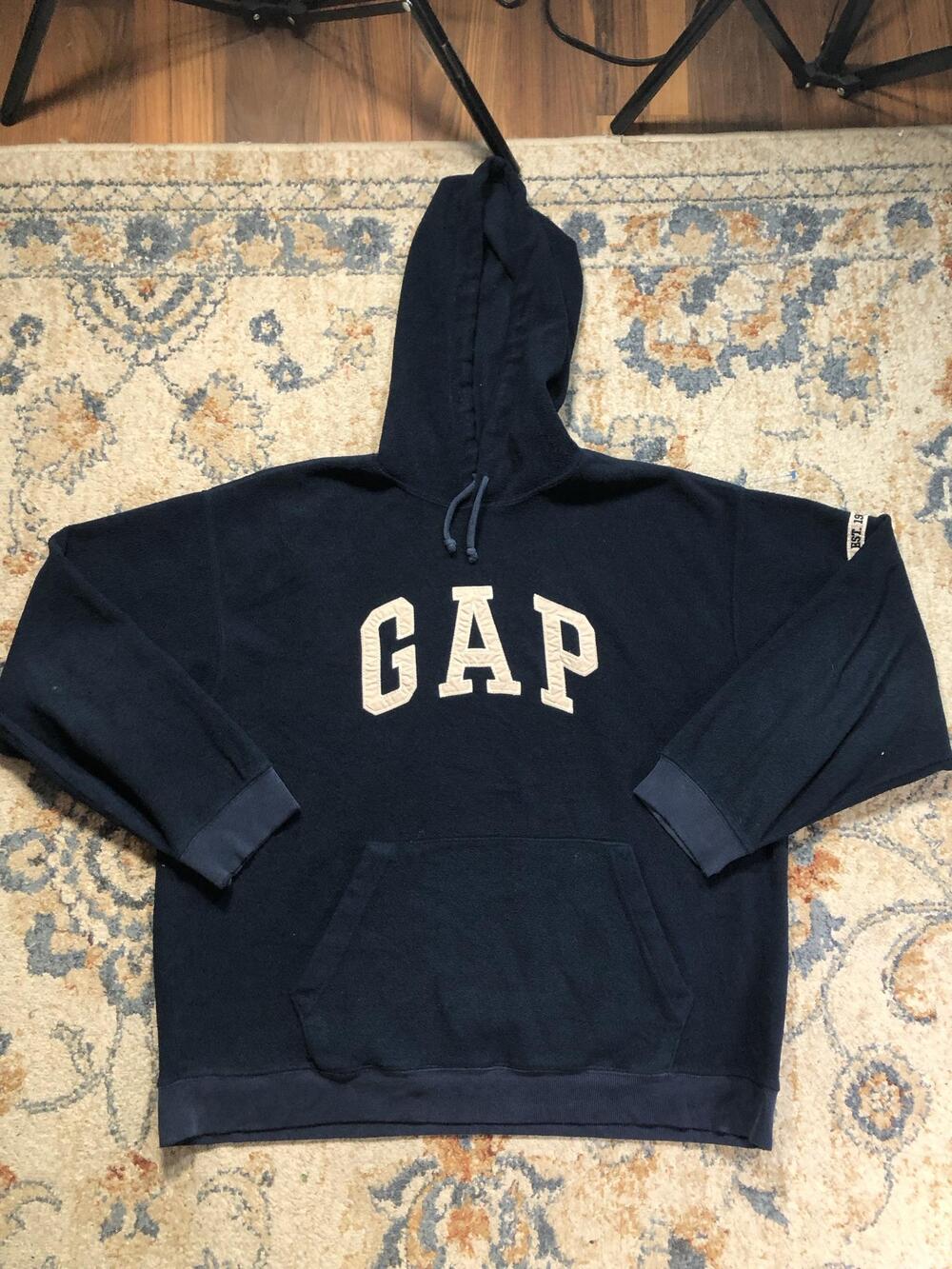 Gap Hoodie Sweatshirt Mens Large Blue Fleece Pullover Kangaroo Graphic Logo